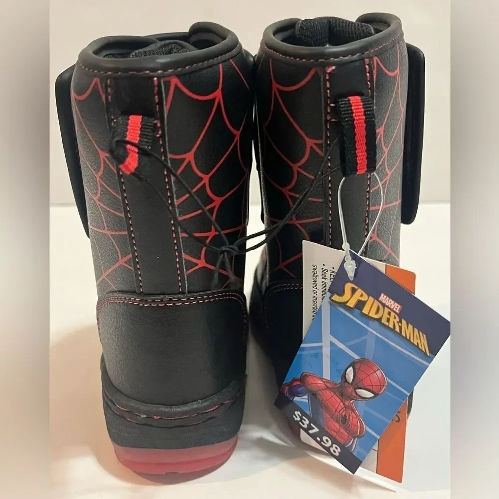 Marvel Spider-Man Themed Kids Boys Warm Winter Velcro Light-Up Boots Size 6